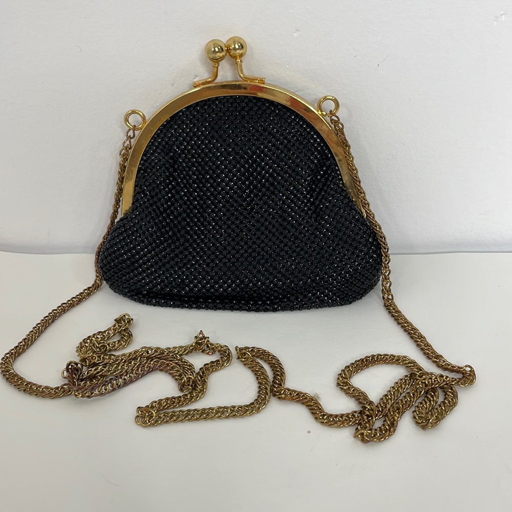 Vintage Whiting and Davis Small Black Mesh Evening Bag Pouch Purse Gold Metal